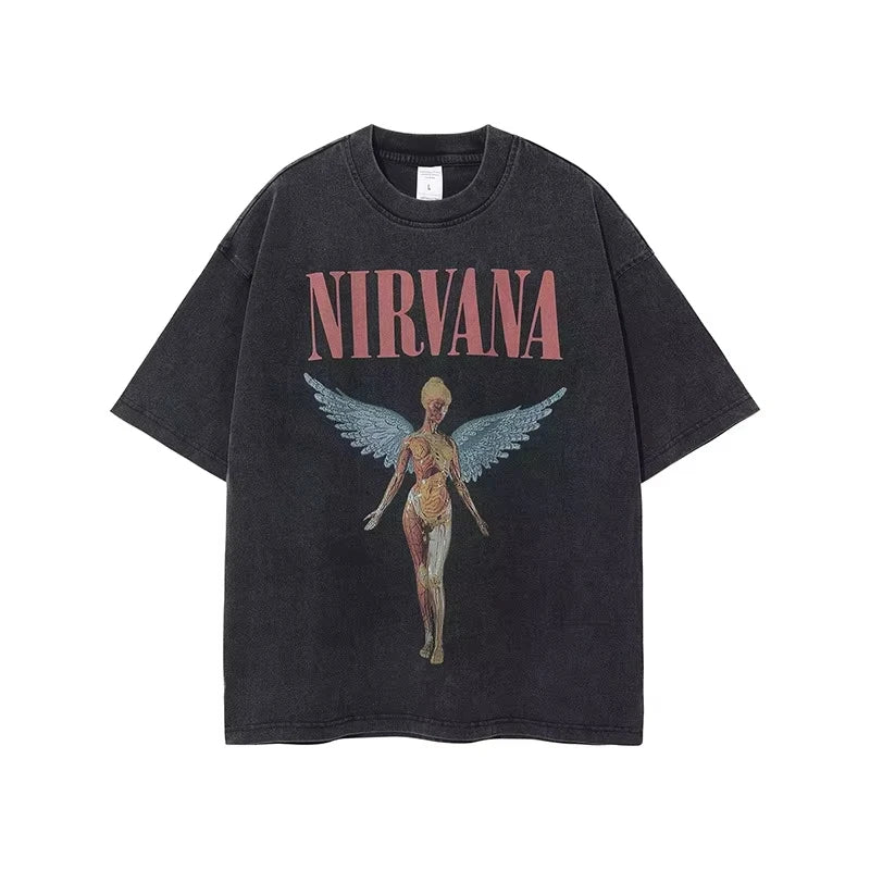 Nirvana rock band men's Retro cotton Washed Tee In Utero album man Women's oversized Y2K distress Tshirt Casual Loose streetwear