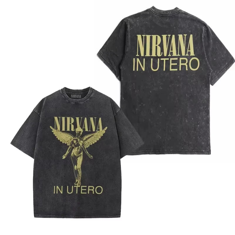 Nirvana rock band men's Retro cotton Washed Tee In Utero album man Women's oversized Y2K distress Tshirt Casual Loose streetwear