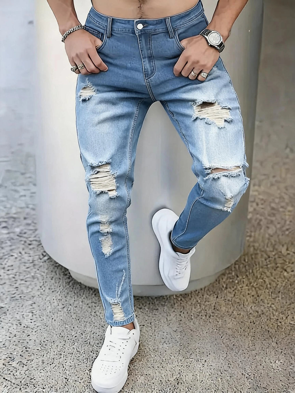 Men Casual Jeans Sky Blue Slim Bold Street Ripped