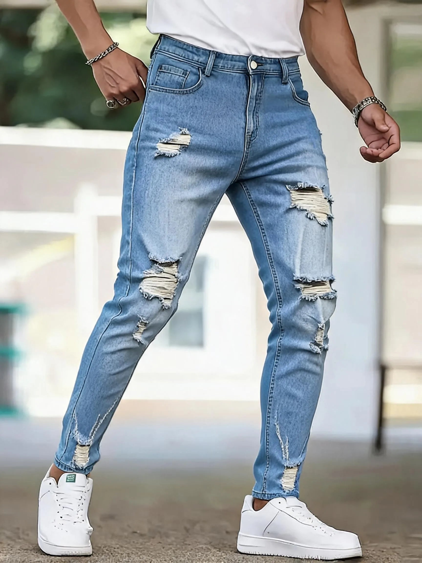 Men Casual Jeans Sky Blue Slim Bold Street Ripped