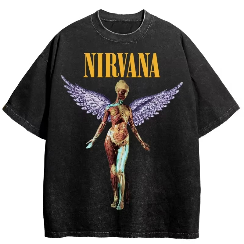 Nirvana rock band men's Retro cotton Washed Tee In Utero album man Women's oversized Y2K distress Tshirt Casual Loose streetwear