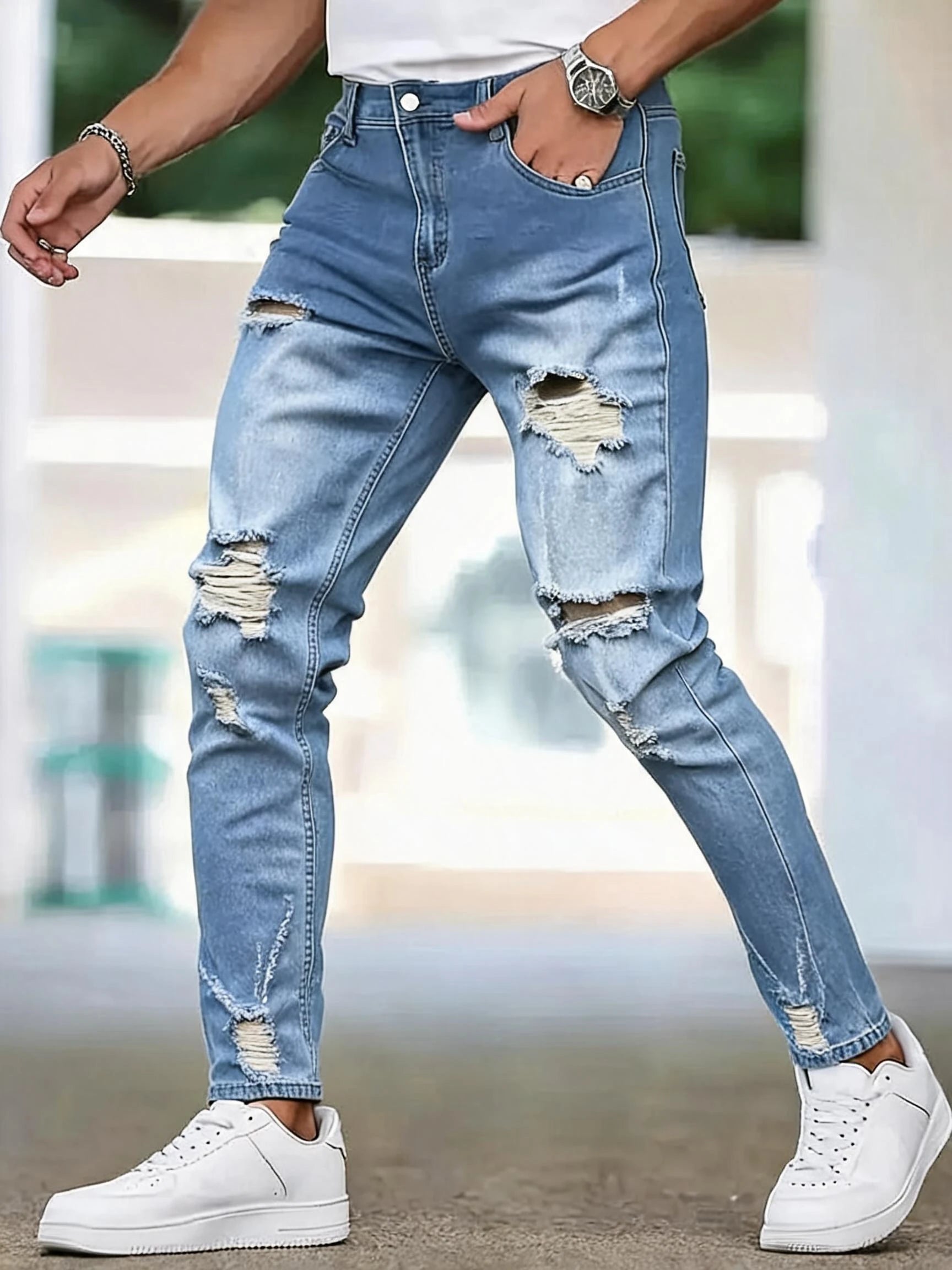 Men Casual Jeans Sky Blue Slim Bold Street Ripped
