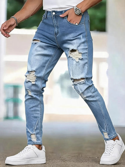 Men Casual Jeans Sky Blue Slim Bold Street Ripped