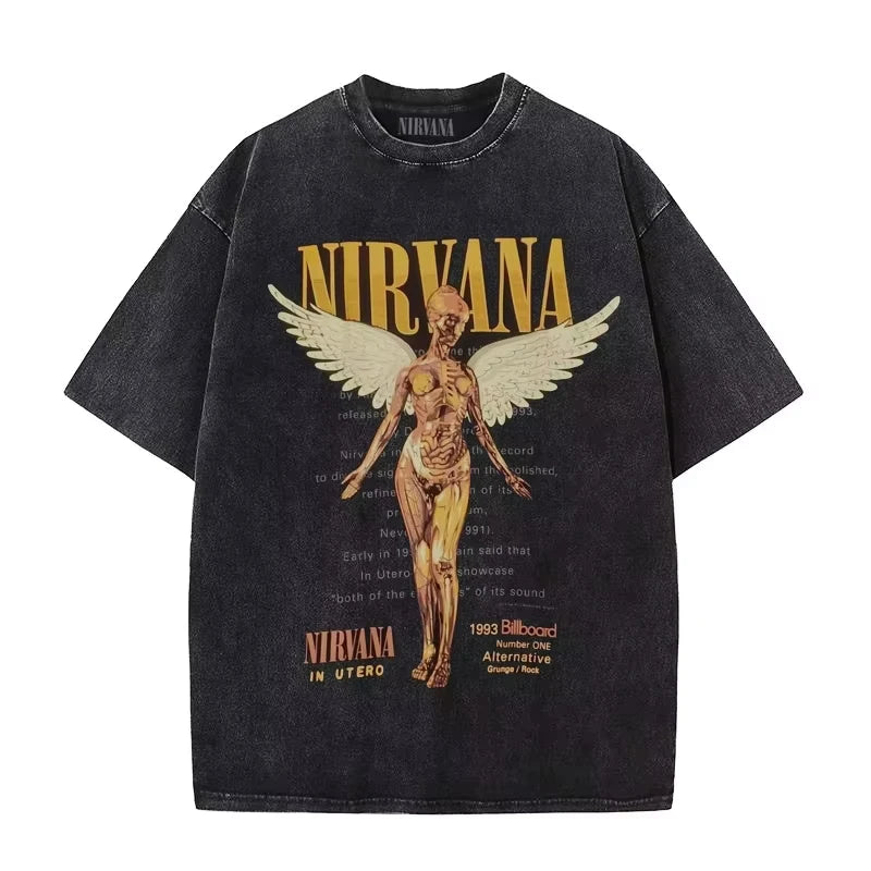 Nirvana rock band men's Retro cotton Washed Tee In Utero album man Women's oversized Y2K distress Tshirt Casual Loose streetwear