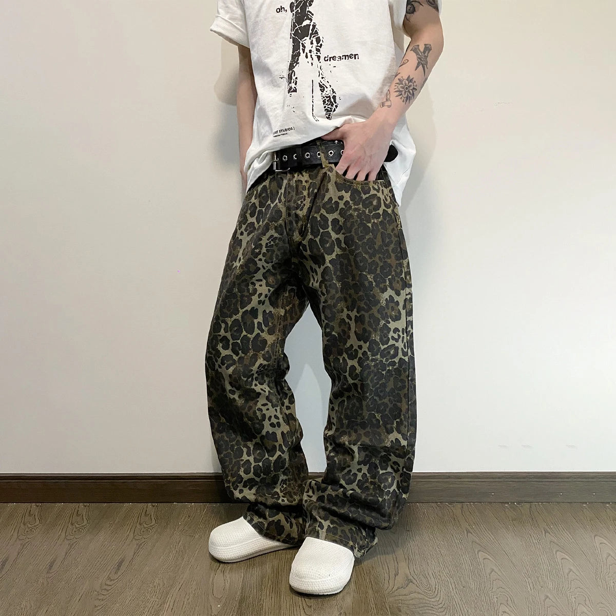 Men Vintage Leopard Print Baggy Wide Leg Jeans