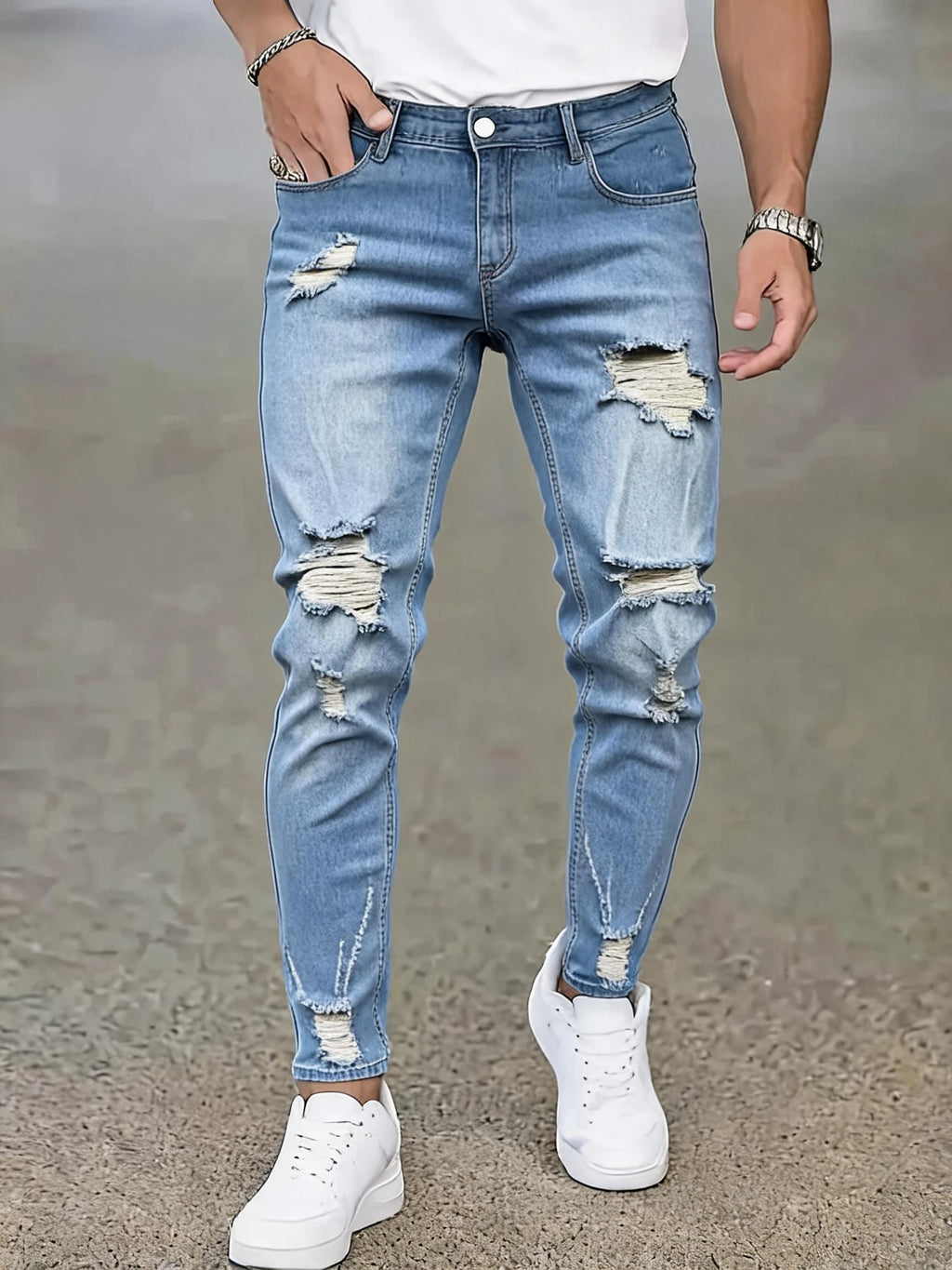 Men Casual Jeans Sky Blue Slim Bold Street Ripped