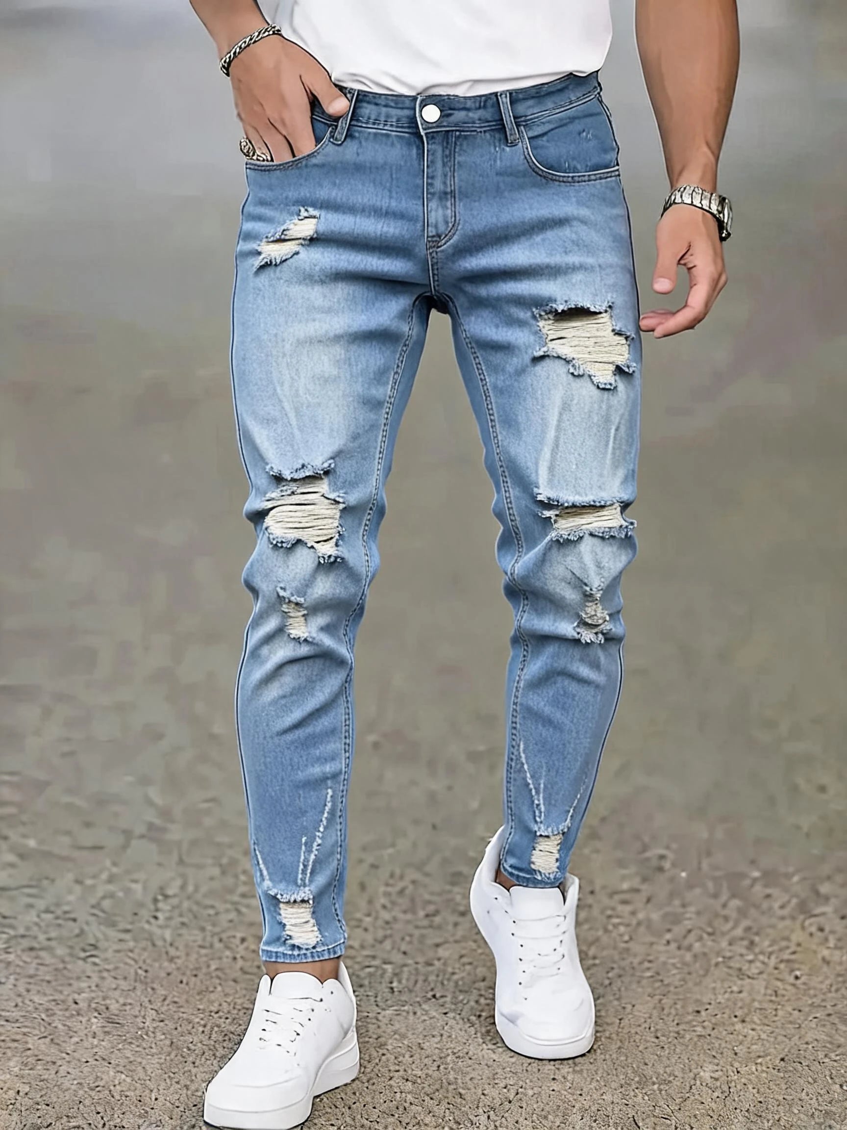 Men Casual Jeans Sky Blue Slim Bold Street Ripped