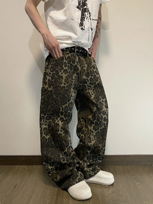 Men Vintage Leopard Print Baggy Wide Leg Jeans