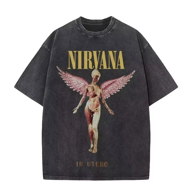 Nirvana rock band men's Retro cotton Washed Tee In Utero album man Women's oversized Y2K distress Tshirt Casual Loose streetwear