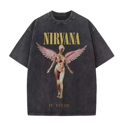 Nirvana rock band men's Retro cotton Washed Tee In Utero album man Women's oversized Y2K distress Tshirt Casual Loose streetwear