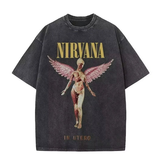 Nirvana rock band men's Retro cotton Washed Tee In Utero album man Women's oversized Y2K distress Tshirt Casual Loose streetwear